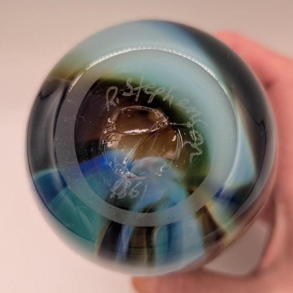 Vintage 1981 Signed R Stephens Studio Art Glass Vase Abstract Landscape Decor 7" - Picture 9 of 12